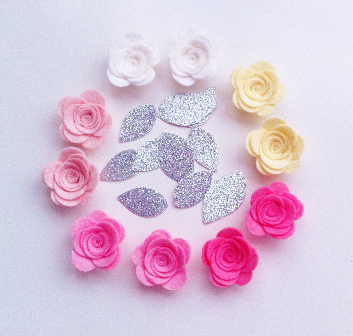 Hand Made Pink Ivory Felt 3d Flowers Roses