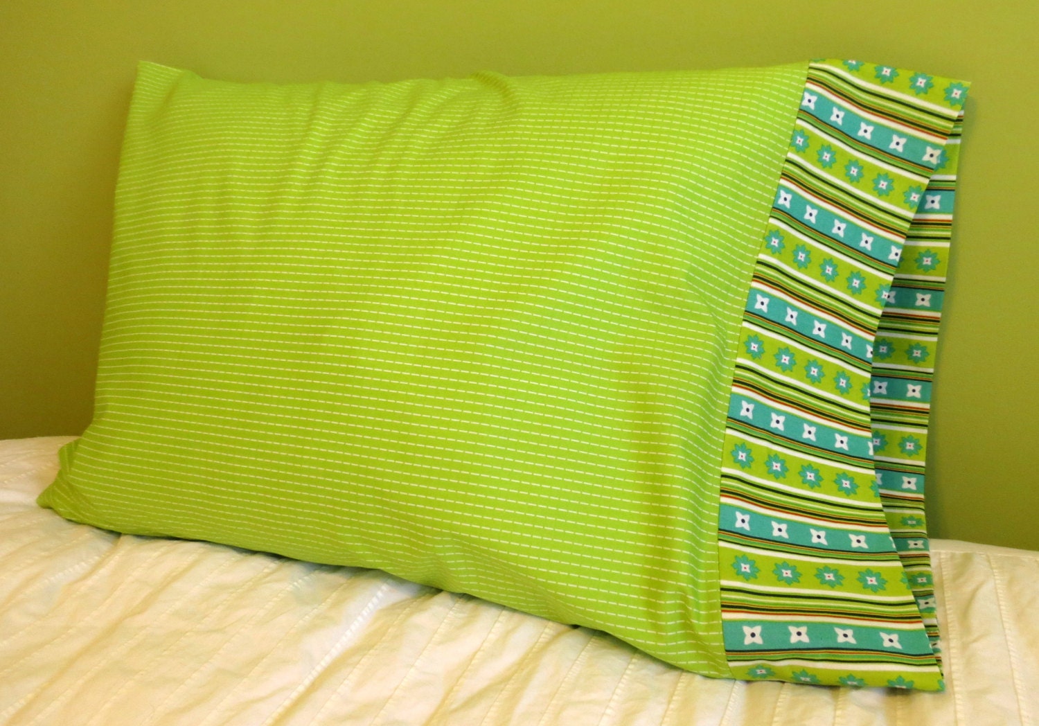 Green striped pillowcase handmade floral pillowcase
