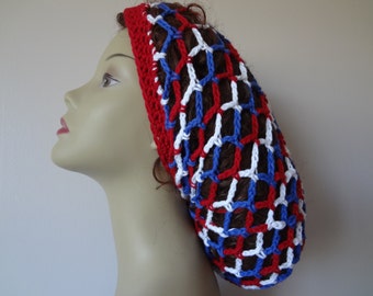 COTTON Mesh Hat - Red White and Blue - Mesh Slouchy Hat - Snood Mesh Hat - Slouchy Snood - Made In All Sizes - Handmade