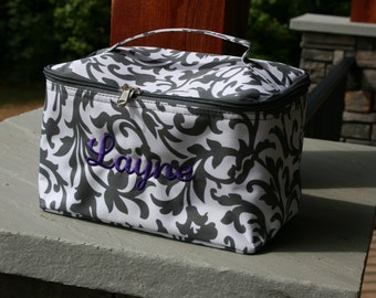 Personalized Large Cosmetic Bag Gray Floral Monogrammed Make Up Case