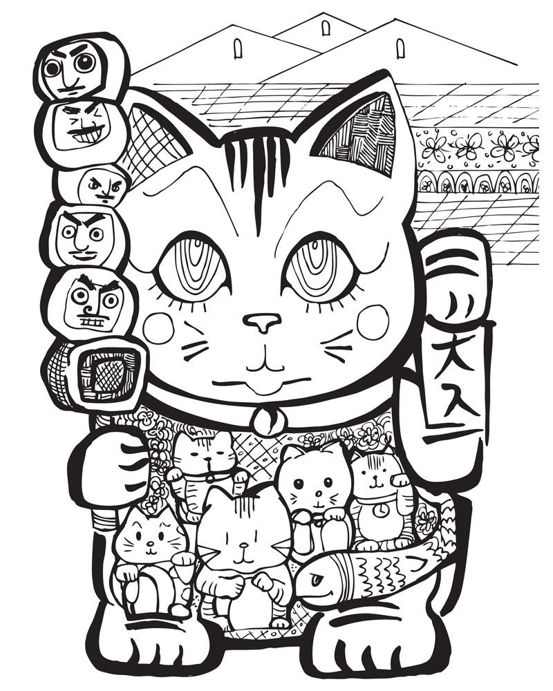 Coloring Book Page Lucky Cat