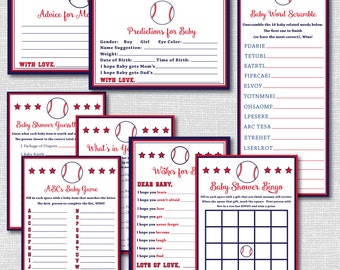 Baseball Baby Shower Games Collection - 8 Printable Games and Activities - Bingo, Wishes, Predictions, Word Scramble... - INSTANT DOWNLOAD