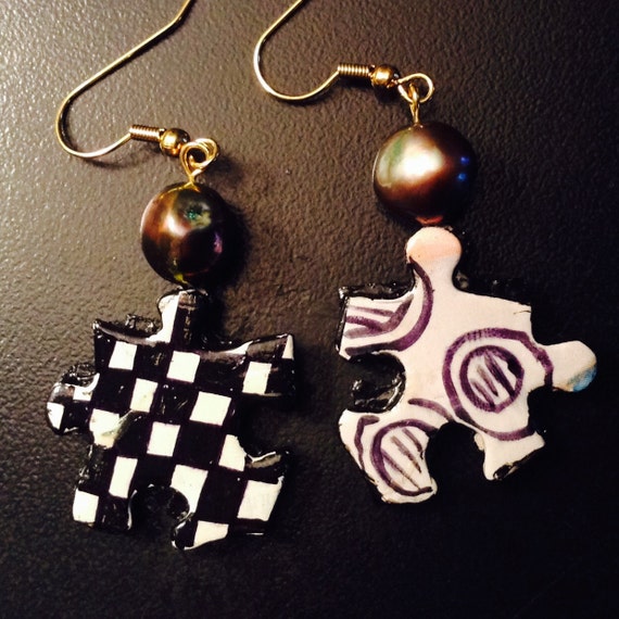 Black and White Hand Painted Jigsaw Puzzle Earrings by SJPuzzles