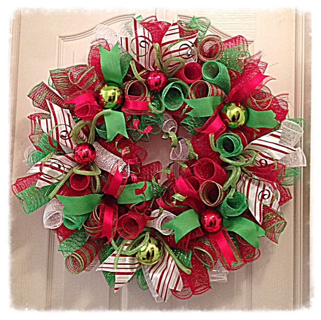 Red White and Lime Deco Mesh Wreath/Christmas by CKDazzlingDesign