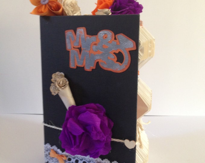 Bride & Groom Book Folding Art, Purple Orange and Black Wedding