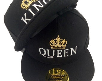 KING and QUEEN with golden crowns embroidered snapback flat peak full cap summer hats. For couples, lovers, him and her. Valentine