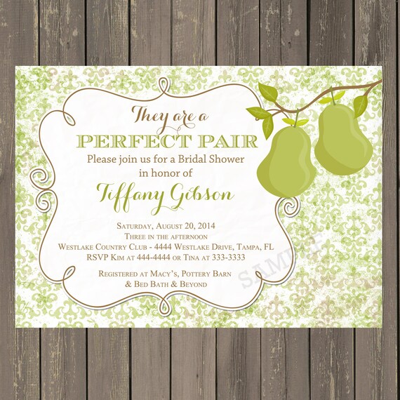 Perfect Pair Bridal Shower Invitation, Perfect Pair Shower Invitation, Green Damask invitation with Pears, Printable or Printed Il_570xn