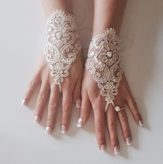 Champagne Bridal glove lace wrist cuff lace gloves wedding prom party rustic wedding wonderland