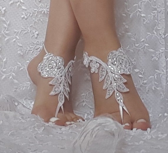 free ship Beach wedding barefoot sandals, bangle, wedding anklet, anklet, bridal, bellydance, gothic bridal anklet, ivory lace sandals,