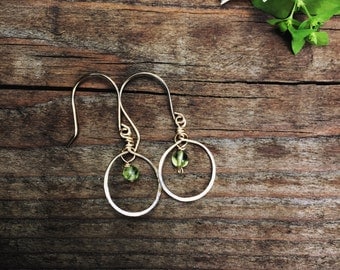 gold hoop earrings with green peridot or any gemstone, gold filled earrings, peridot earrings from the uk