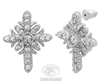 First Communion | Confirmation Gift | Silver Rhodium Plated | Crystal Cross | Post Earrings