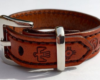 Leather Cuff Bracelet - Native American Symbols - Saddle Tan / Orange