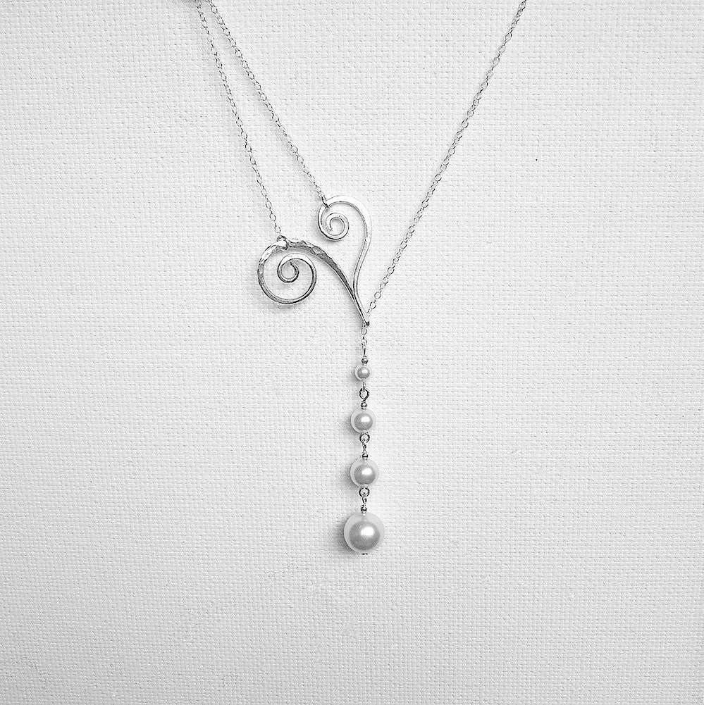 Bridal Pearl Necklace Wedding Lariat Necklace Brides Necklace Silver and Pearl Necklace Hand made Jewelry Pearl Drop Necklace Gift For Her