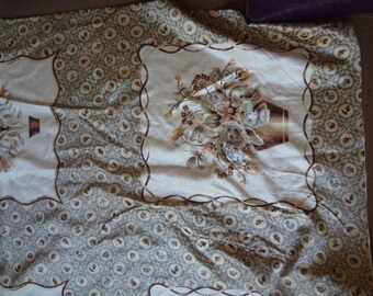 48"X 74" Vintage Upholstery Fabric Brown Floral Squares Shabby Craft Fabric 67