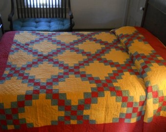 Stunning! 1800s, Pennsylvania, Triple Irish Chain Quilt. Turkey Red, Green, Cheddar