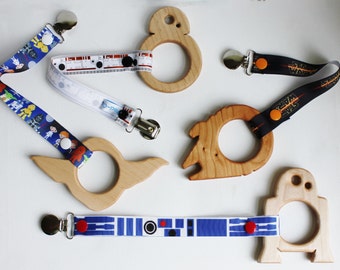 Star Wars Teether with Clip | Yoda Teether | Millennium Falcon Teether | bb8 Teether | R2D2 Teether| Wooden Star Wars Toy | Star Wars Baby
