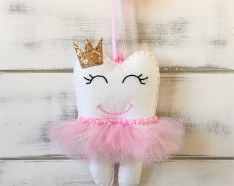 Personalized Tutu Tooth Fairy Pillow with Glitter Crown or Bow, choose your colour