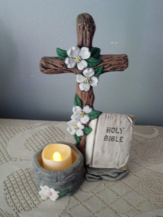 Ceramic Easter Cross and Bible Tea Light Holder