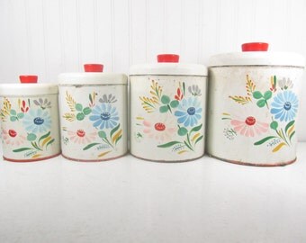 Ransburg Hand Painted Canister Set, Retro canisters, Metal Canister, Storage, Kitchen Canisters, Mid Century