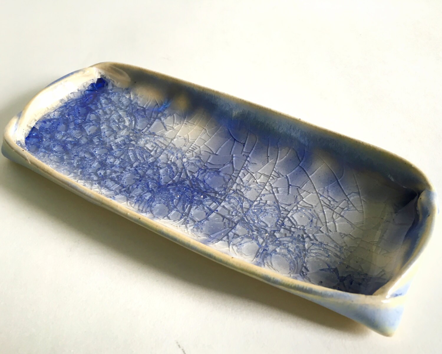 Blue Crackle Glaze Small Ceramic Rectangle Plate Pottery Dish