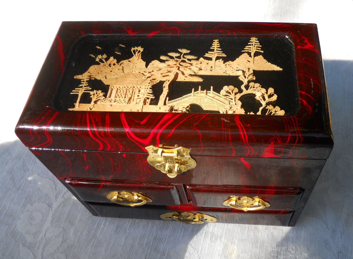 Vintage Asian Lacquer Jewelry Box With Cut Cork Art