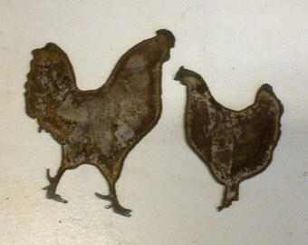 Lot Set of 2 Rusty 3 inch Chicken Rooster Hen Barnyard Shapes Vintage Antique Metal Art Ornament Craft Stencil Sign