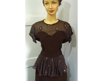 1940s style brown peplum sequin dress
