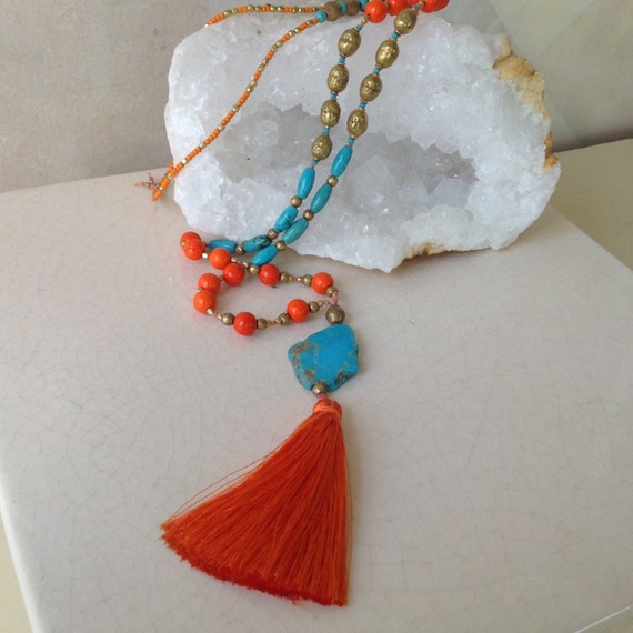 Tropical Resort Bohemian Tassel Necklace/ Orange Turquoise