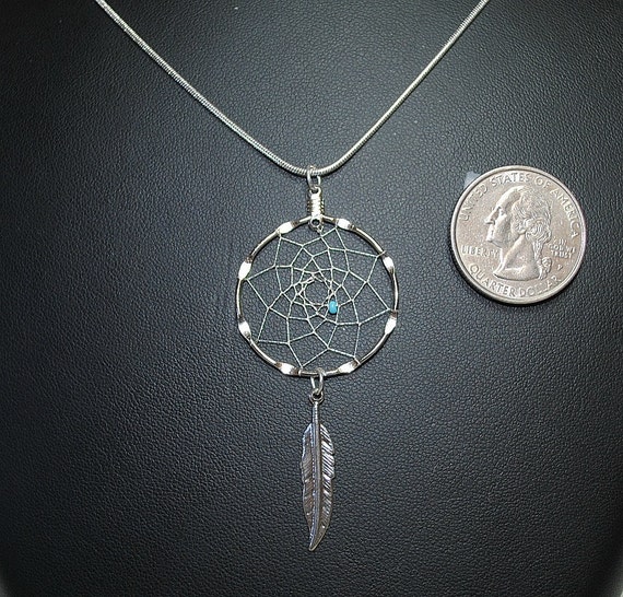 Silver Dreamcatcher Necklace with Turquoise Bead and Feather