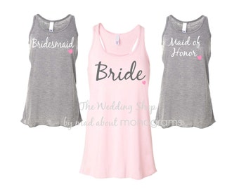 4 Bridal Party Flowy Racerback Tank Tops, Bride Shirt, Bridesmaid Shirts, Bachelorette Party Tank Tops, Maid of Honor Shirt - Set of Four