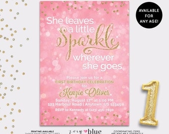 Pink & Gold First Birthday Invitation - She leaves a little SPARKLE wherever she goes Invite - Printable Pink Glitter Confetti - Digital
