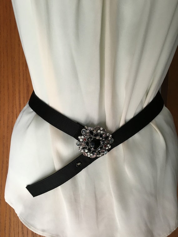 Black Ribbon And Leather Belt with Rhinestone by HeidemarieMDesign