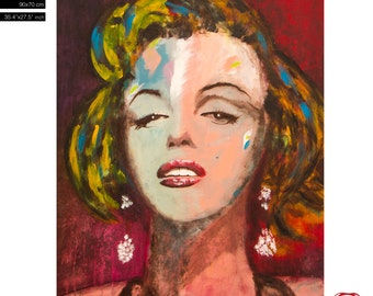 FREE WORLDWIDE SHIPPING - Marylin Monroe Portrait - (90x70cm) 35.4"x27.6" acrylic painting ready to hang, hand painting by Carlos Pun