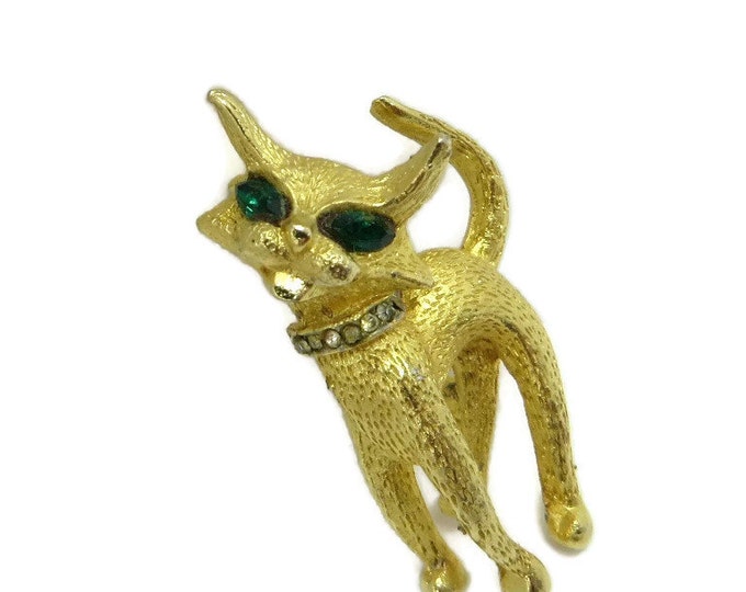 Gold Cat Brooch, Vintage Designer Signed SA Pin, Cat Lovers Brooch, Rhinestone Studded Kitty Pin, Perfect Gift, Gift Box