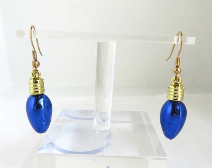 Vintage Earrings - Blue Ornament Earrings, Christmas Earrings, Gold Tone Pierced Wires