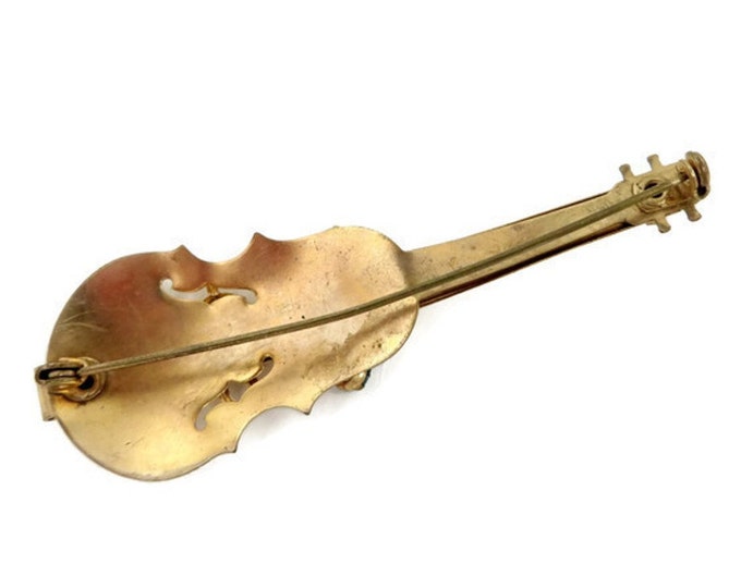 Vintage Brooch - Gold Tone Violin Brooch, Rhinestone Studded Musical Instrument Pin