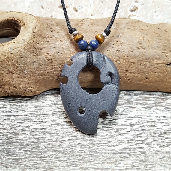 Fish necklace hand carved stone primitive fish design black