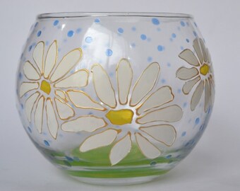 SECONDS daisy candle holder, Mothers Day gift, painted glass vase, daisy glass art, gift for aunt, daisy tea light holder, hostess gift