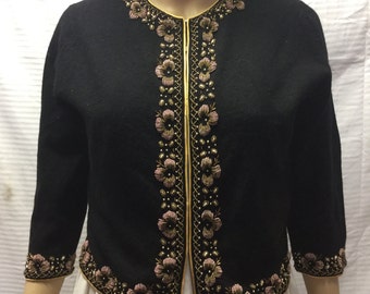 Alfred Wang, Beaded Cardigan Sweater, Black, Wool, Bronze, Gold Beading, Small, 1950s