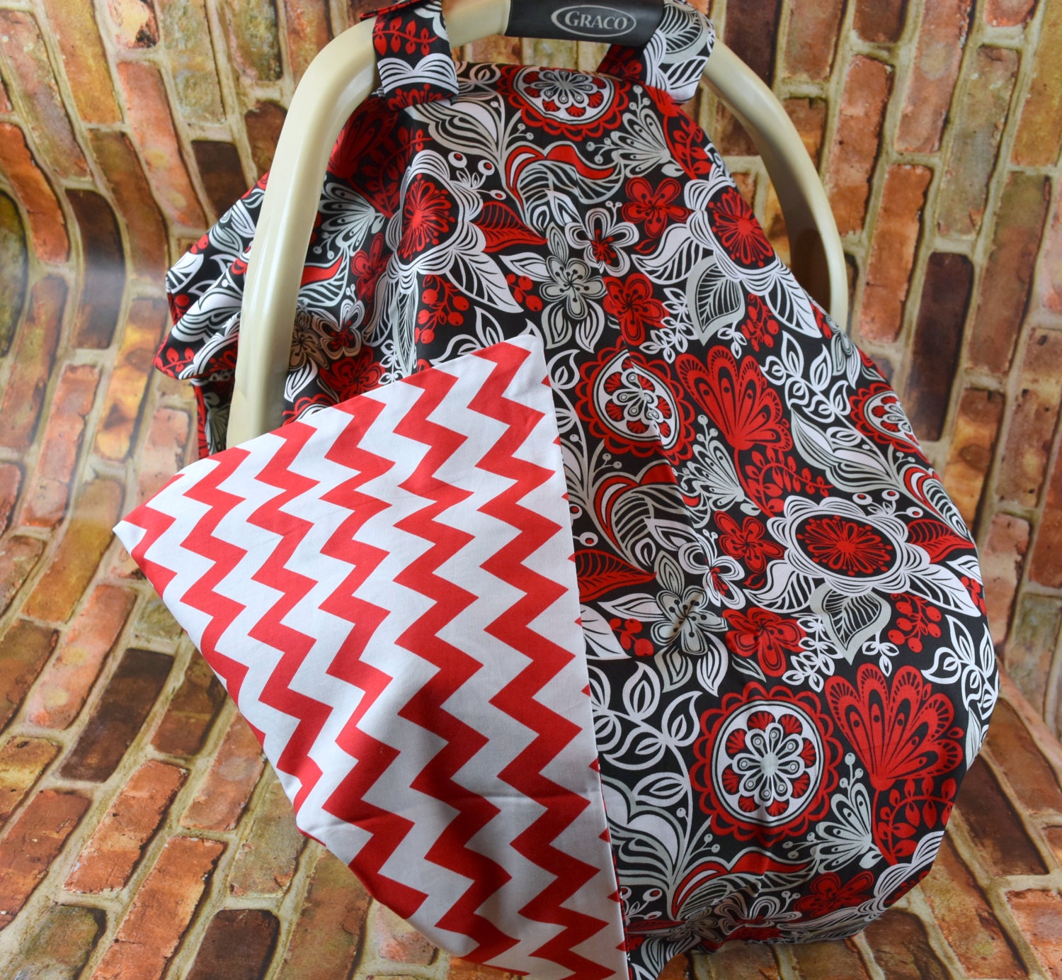 Infant Car Seat Canopy Red Black Floral Cover Baby Shower