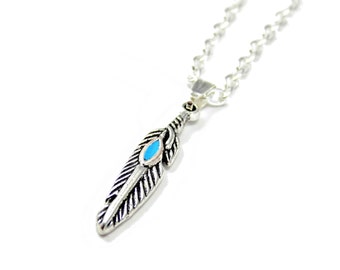 SALE - Silver Feather Necklace, Navajo Necklace, Boho Bridesmaid Necklace, Turquoise Feather Jewelry, Pretty Delicate Jewelry For Summer
