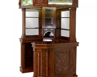 Corner Home Bar Furniture Solid Mahogany With Tiffany Glass Canopy Antique Replica