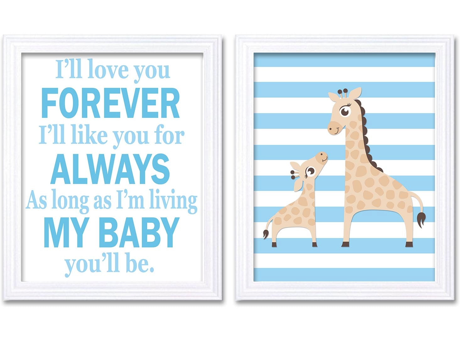 Giraffe Nursery Art Set of 2 Prints Boy Blue Ill love your Forever Nursery Wall Decor Children Kids 