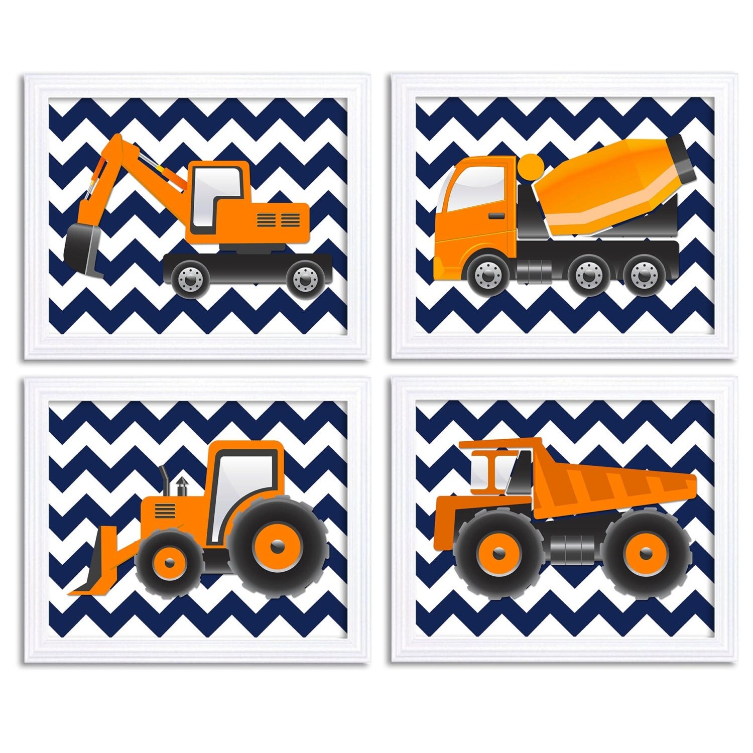 Transportation Construction Vehicles Heavy Machinery Art Set of 4 Print Boy Nursery Wall Decor Navy 