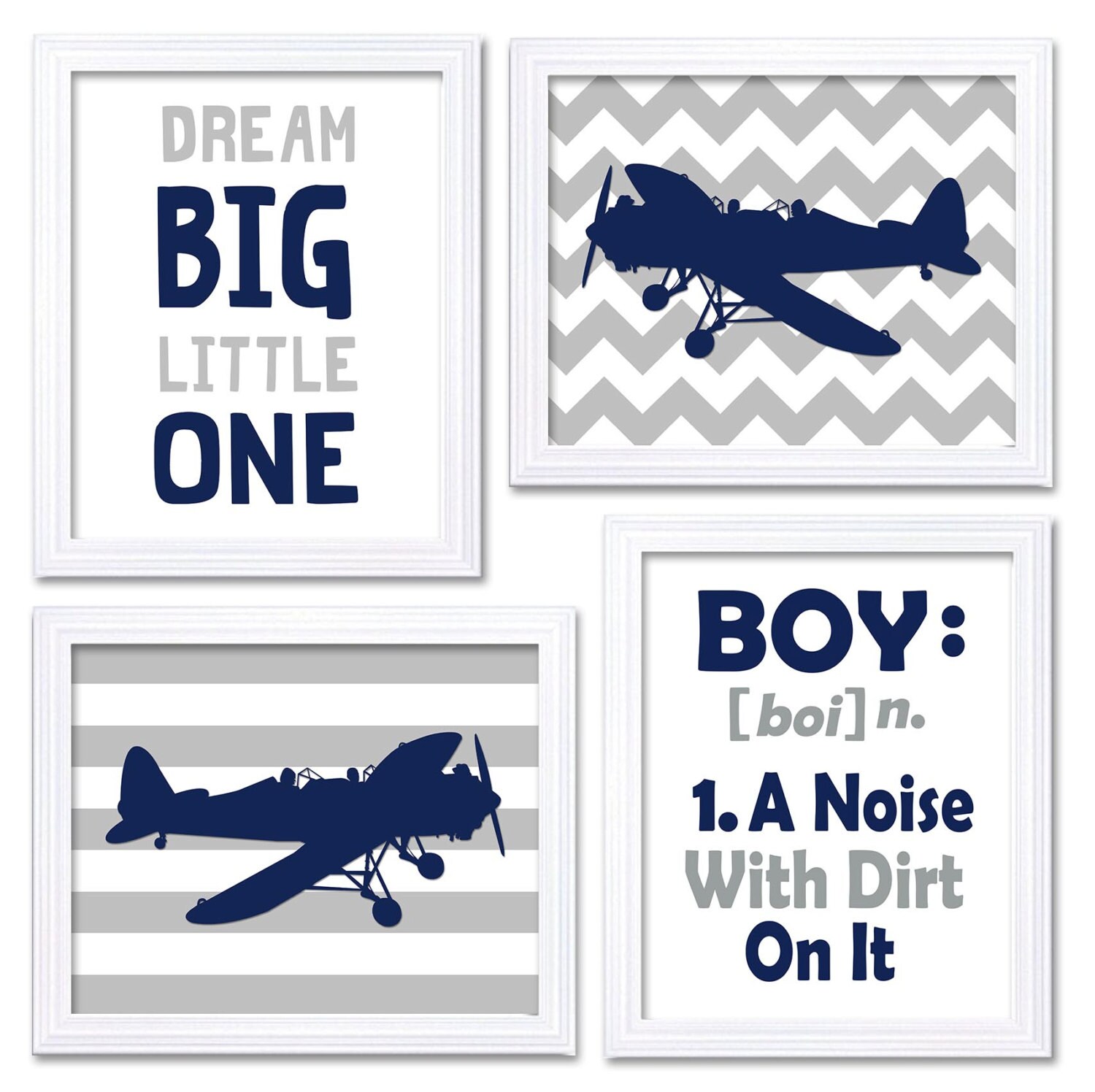 Airplane Nursery Art Navy Grey Nursery Print Set of 4 Transportation Dream Big Little One BOY A Nois