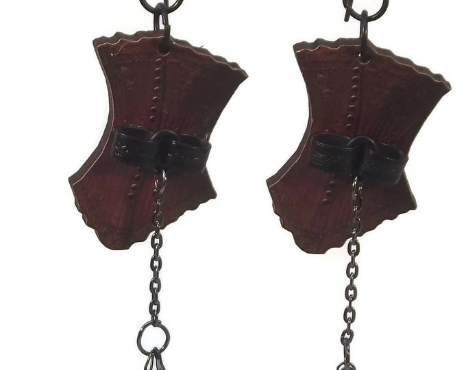 Maroon Red Steampunk Corset w/Chain & Key Dangle Drop Shoulder Duster Earrings Wood Nickle Free Gun Metal Ear Wires