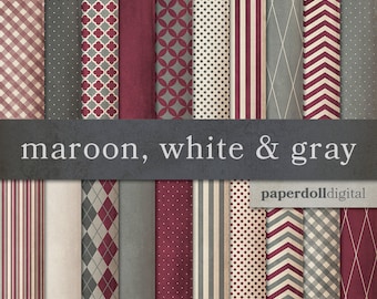 Maroon Digital Paper - Gray Digital Paper - Distressed Digital Paper - Plaid Digital Paper - Instant Download - 20 Sheets