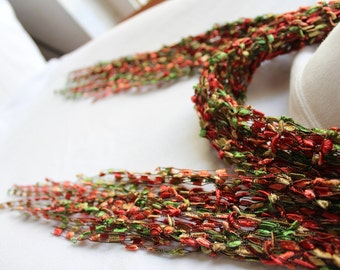 Autumn Colors Fringed Scarf ~ Hand Knit Ladder Yarn ~ Ribbon Yarn~ Accent Scarf ~ Made in the USA