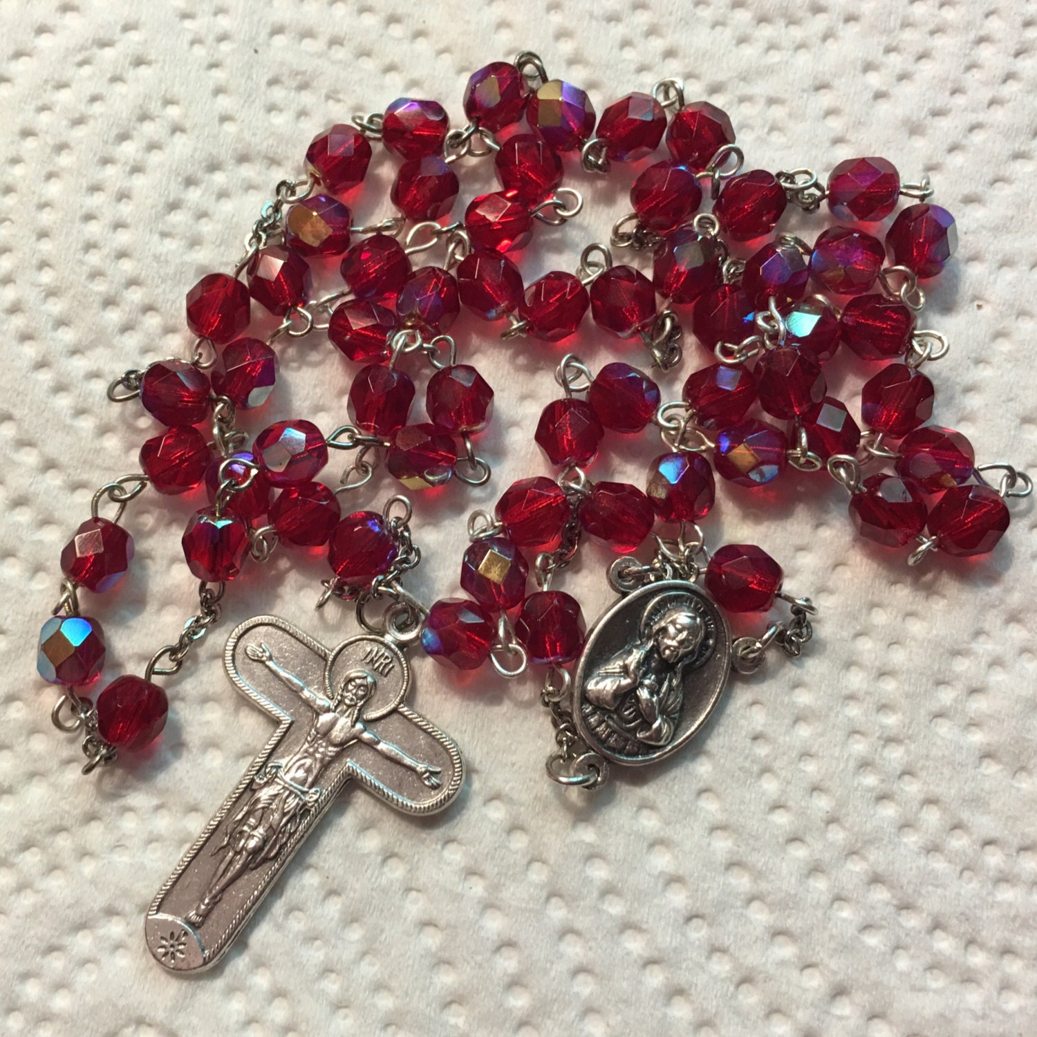 SALE Catholic Rosary Ruby Red glass beads Sacred Heart of