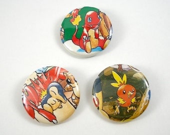 Pokemon Button Set - Charmander Cyndaquil Torchic - Set of 3 - Upcycled Pinback Buttons - Fire Type Starters - Pokemon Pins - Pokemon Badges